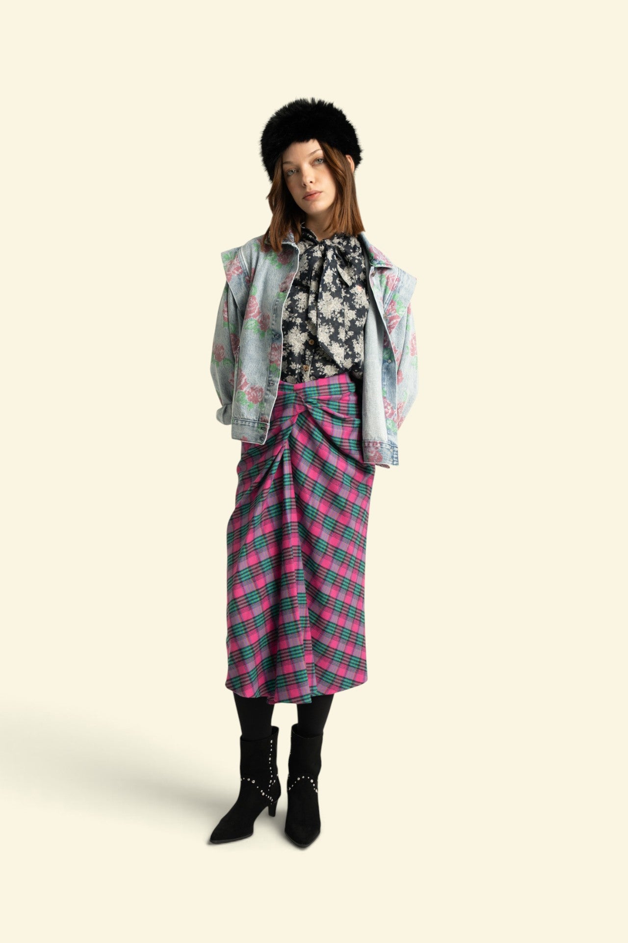 Long wrap skirt | Fuschia & green checkered