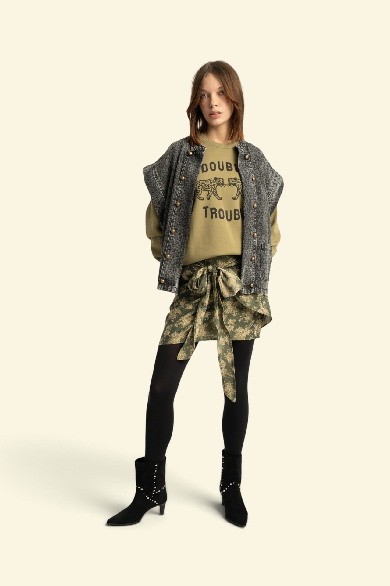 Fitted sweatshirt | Kakhi w/ "double trouble" print