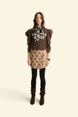 Short asymmetrical skirt  | Light brown w/ ethnic print