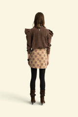 Short asymmetrical skirt  | Light brown w/ ethnic print