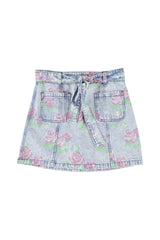 Short skirt | Washed blue denim w/  flowers
