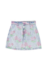 Short skirt | Washed blue denim w/  flowers