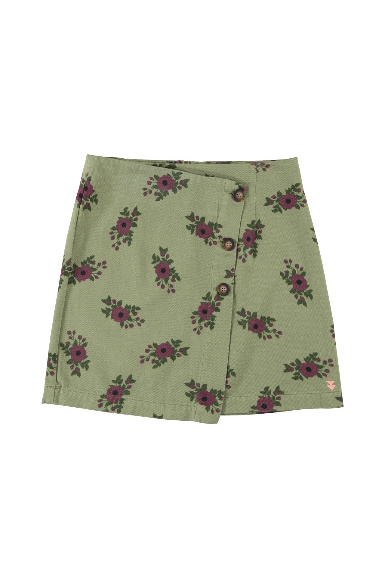 Short asymmetrical skirt | Olive green w/ flowers