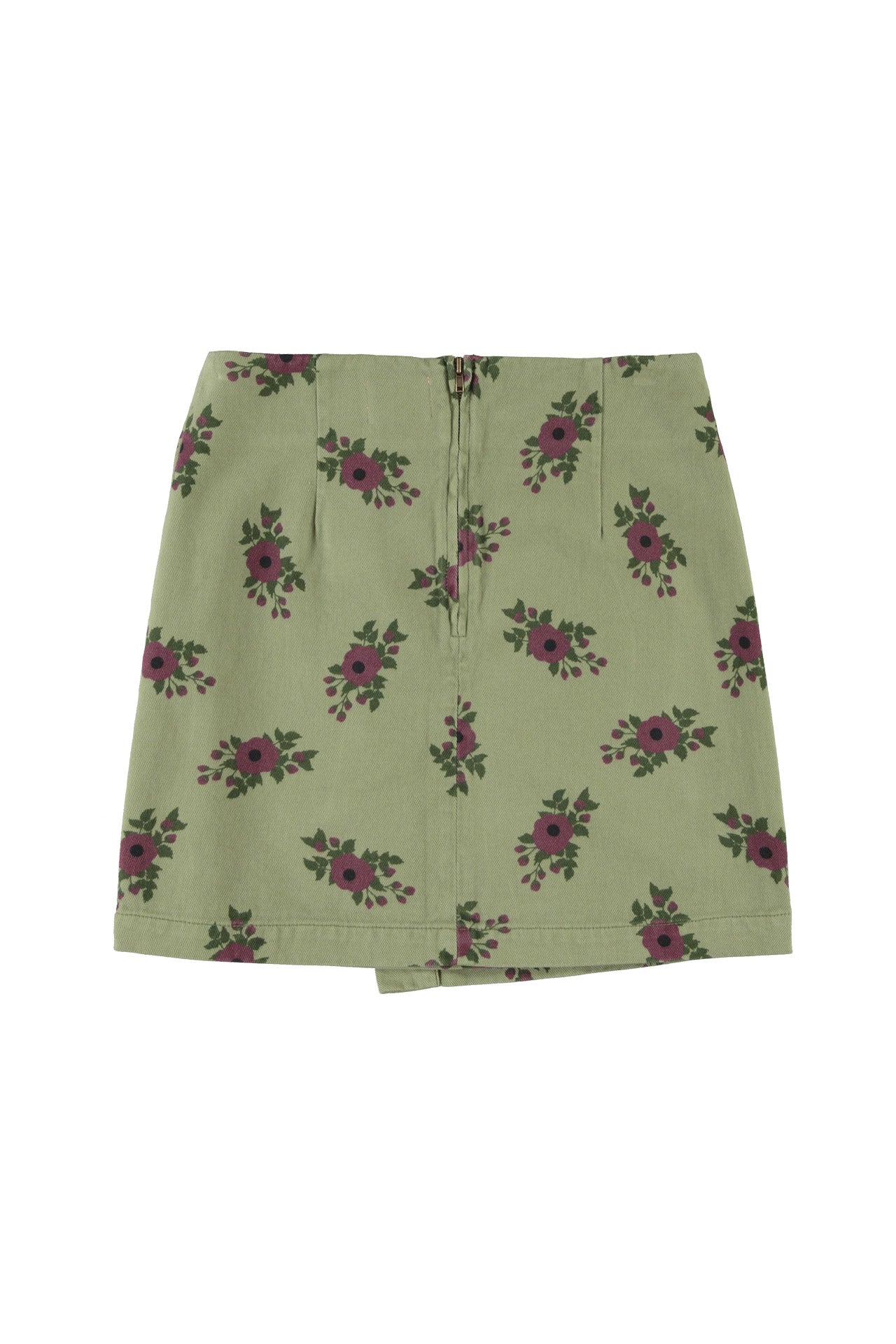 Short asymmetrical skirt | Olive green w/ flowers