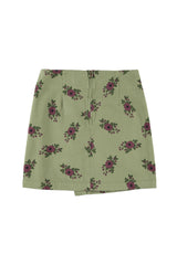 Short asymmetrical skirt | Olive green w/ flowers