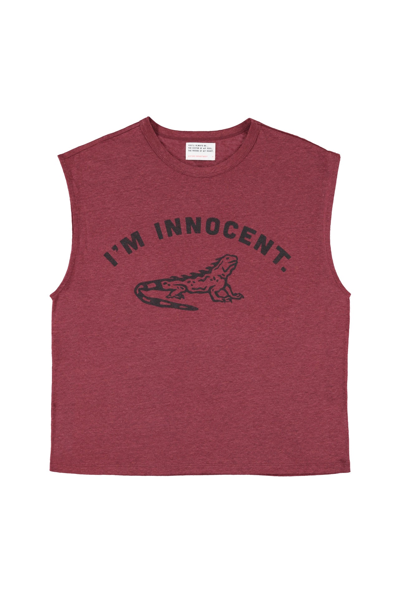 Linen sleeveless t-shirt w/ round neck | Bordeaux w/ i'm innocent"