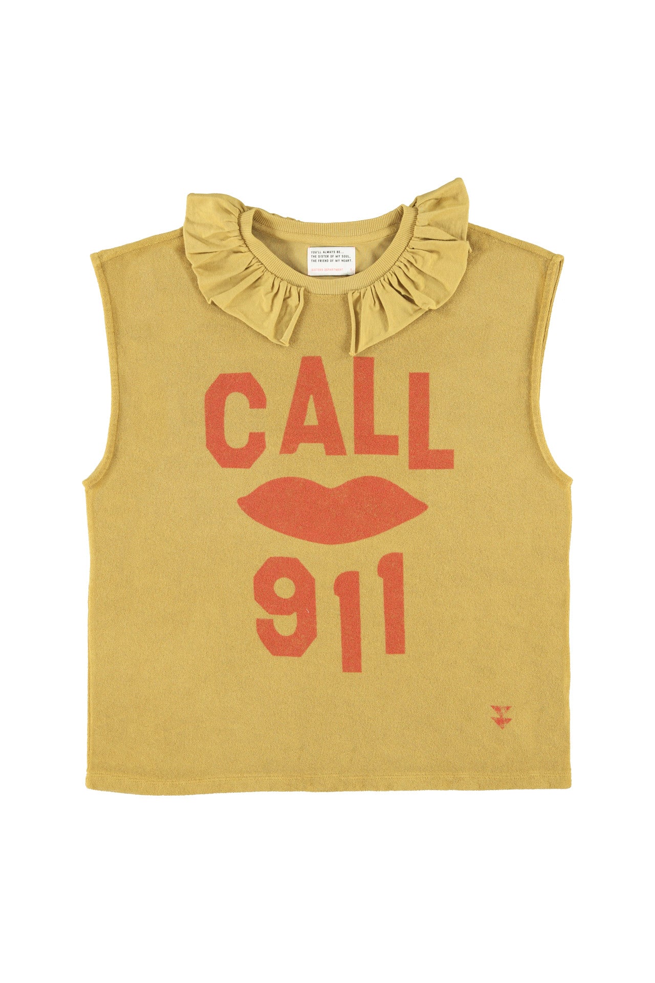 Sleeveless t-shirt w/ ruffled collar | Camel  w/ "call 911" print
