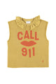 Sleeveless t-shirt w/ ruffled collar | Camel  w/ "call 911" print