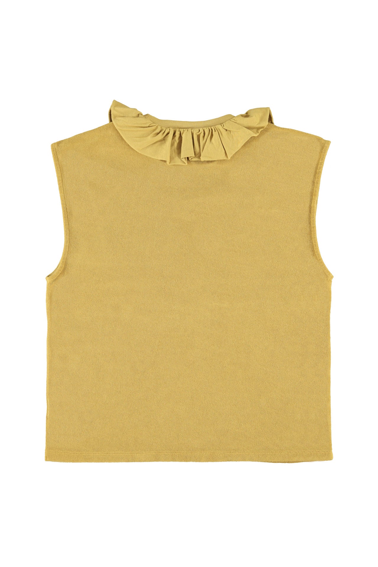 Sleeveless t-shirt w/ ruffled collar | Camel  w/ "call 911" print
