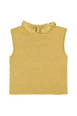 Sleeveless t-shirt w/ ruffled collar | Camel  w/ "call 911" print