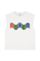 Sleeveless t-shirt w/ round neck | Ecru w/ "lover" print