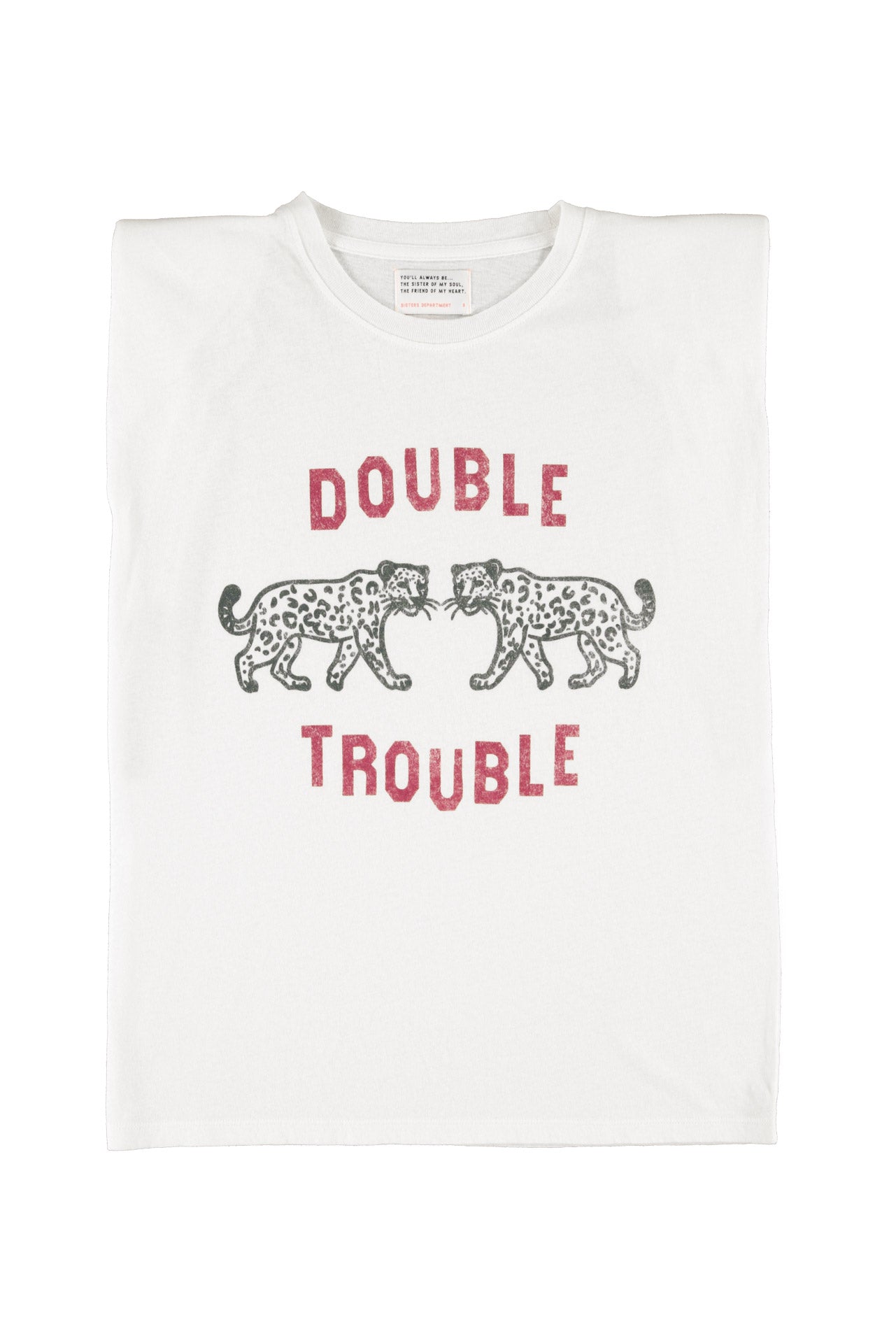 Sleeveless t-shirt w/ shoulder pads | Ecru w/ "double trouble" print