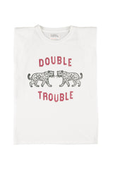 Sleeveless t-shirt w/ shoulder pads | Ecru w/ "double trouble" print