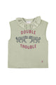 Sleeveless t-shirt w/ ruffled collar | Light green w/ "double trouble" print