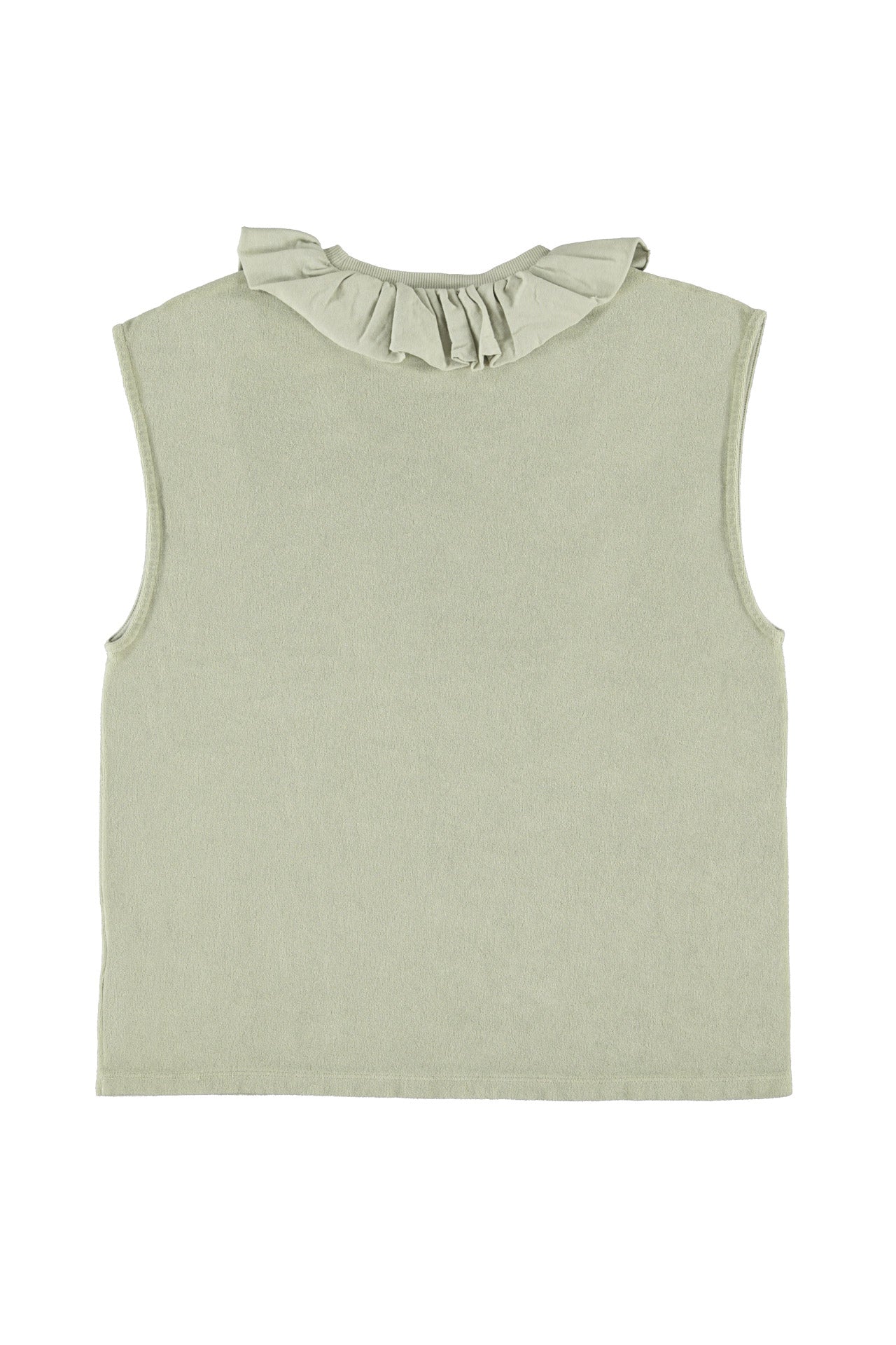 Sleeveless t-shirt w/ ruffled collar | Light green w/ "double trouble" print