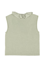 Sleeveless t-shirt w/ ruffled collar | Light green w/ "double trouble" print