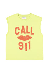 Sleeveless t-shirt w/ round neck | Lime w/ "call 911" print