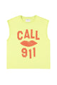 Sleeveless t-shirt w/ round neck | Lime w/ "call 911" print