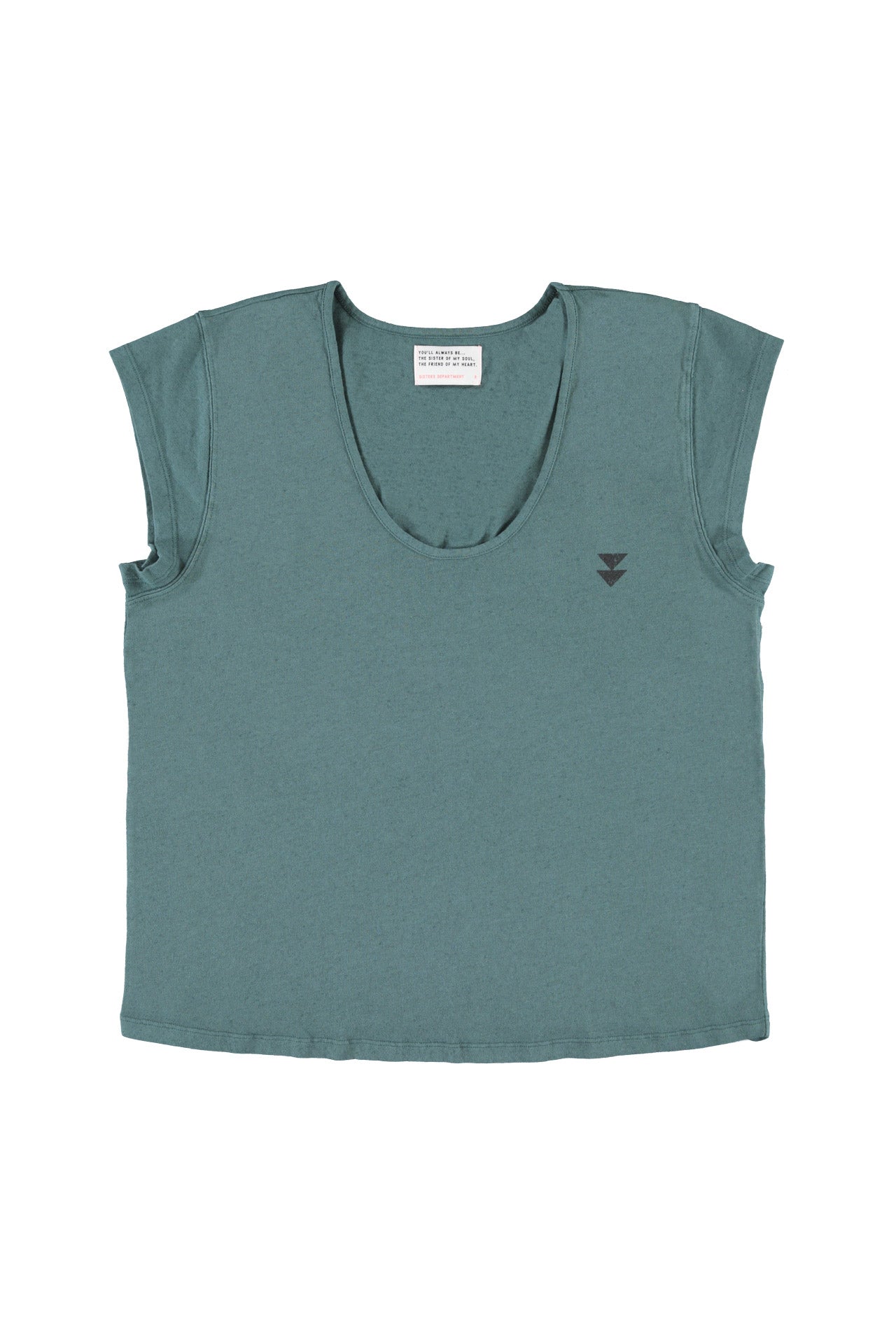 Short sleeve t-shirt w/ deep round neck | Petrol blue w/ "sisters dept" print