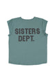 Short sleeve t-shirt w/ deep round neck | Petrol blue w/ "sisters dept" print