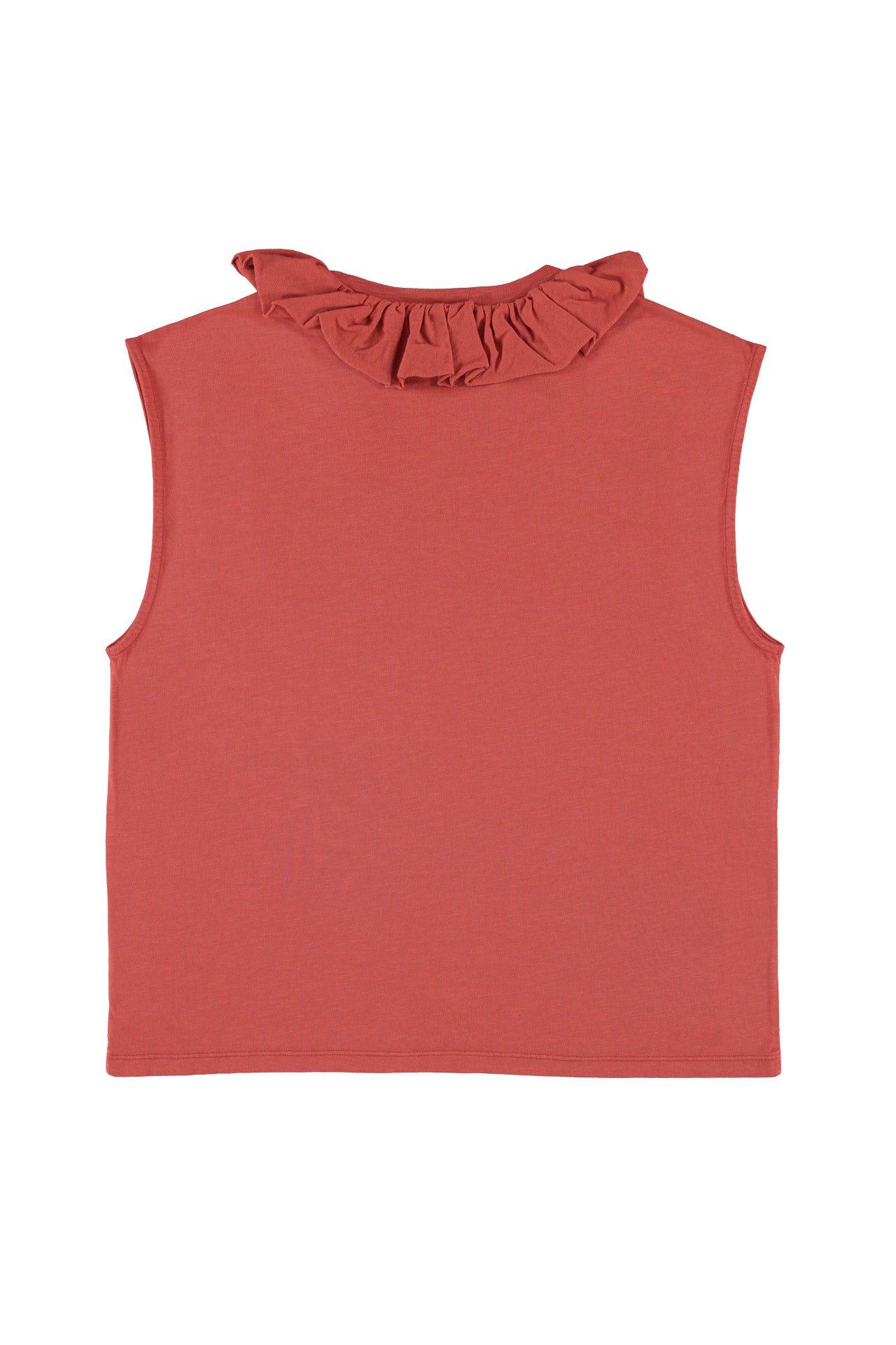 Sleeveless t-shirt w/ ruffled collar | Red w/ "here comes trouble" print