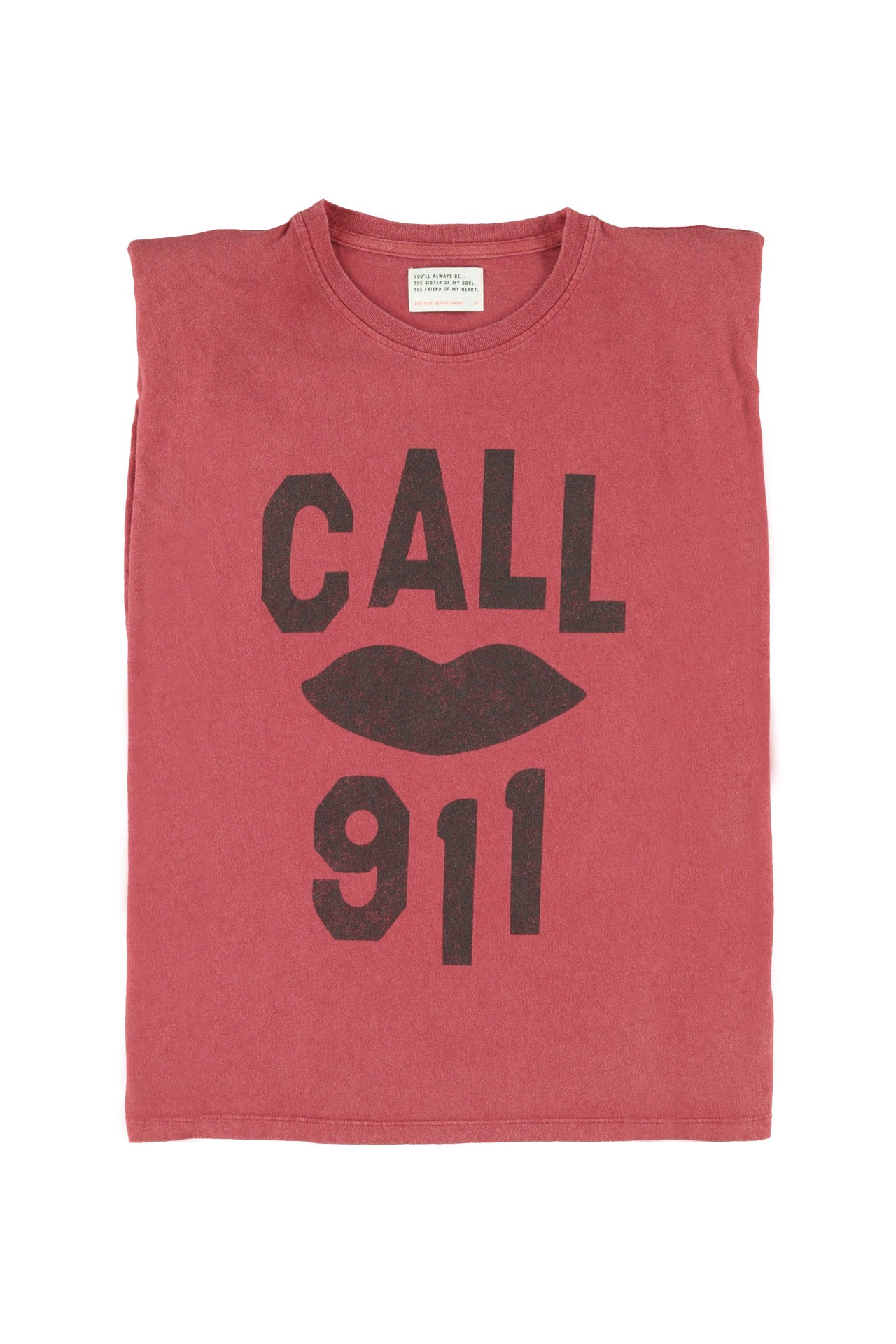 Sleeveless t-shirt w/ shoulder pads | Red w/ "call 911" print