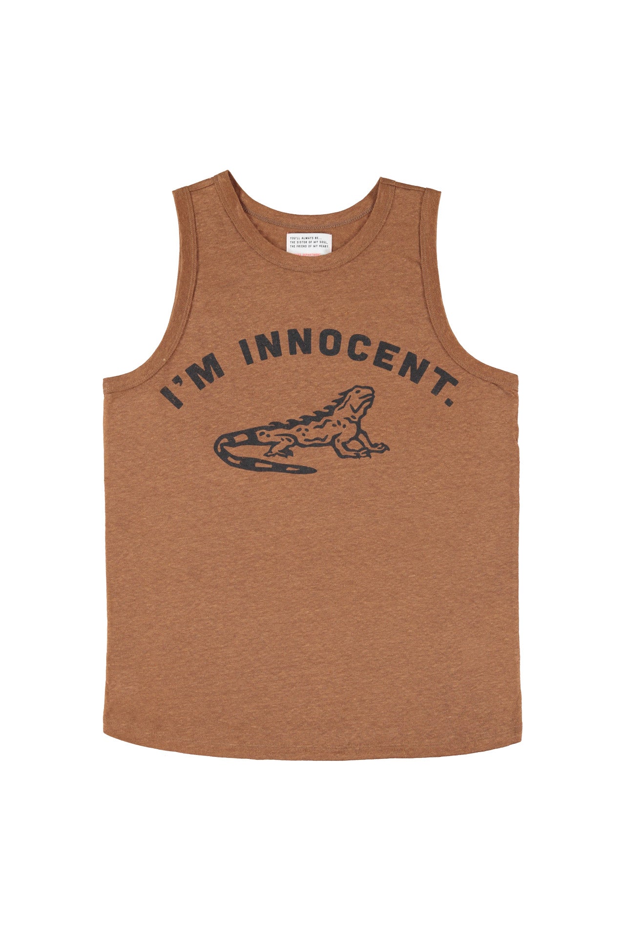 Sleeveless round neck top | Brown w/ "i'm innocent" print