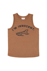 Sleeveless round neck top | Brown w/ "i'm innocent" print