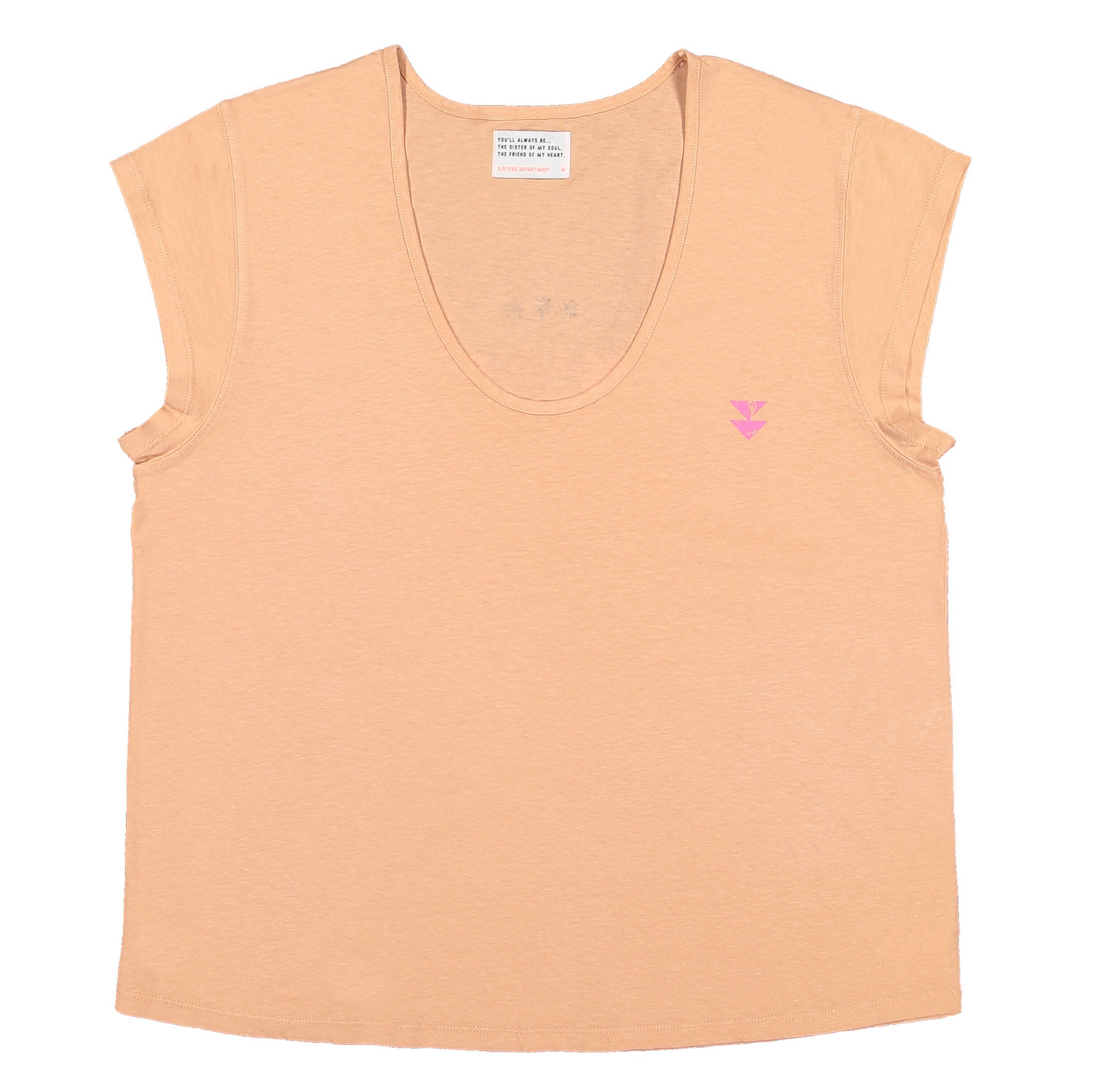 Sleeveless t-shirt w/ deep round neck . Old pink w/ "motel inn" print
