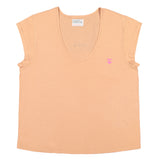 Sleeveless t-shirt w/ deep round neck . Old pink w/ "motel inn" print