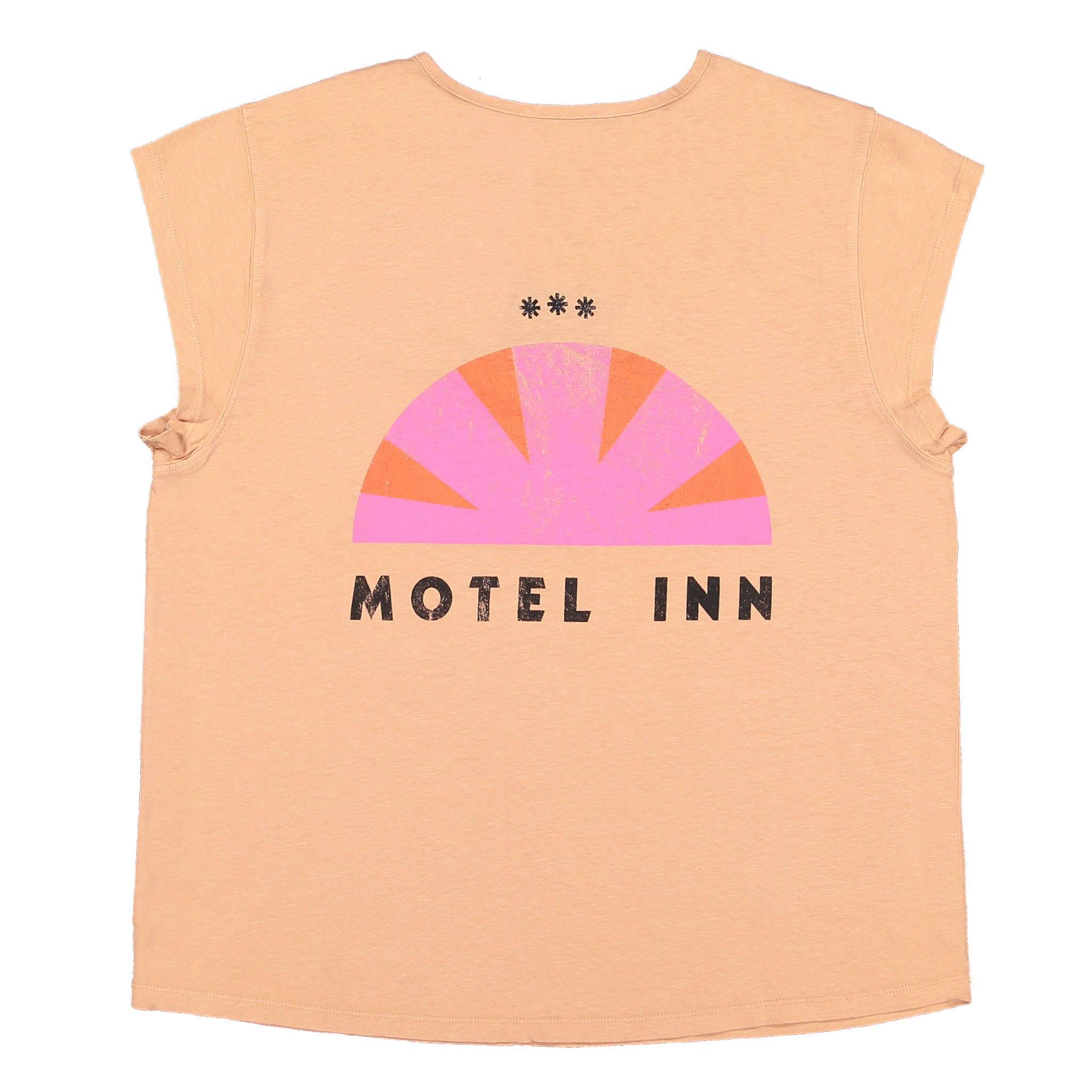 Sleeveless t-shirt w/ deep round neck . Old pink w/ "motel inn" print