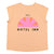 Sleeveless t-shirt w/ deep round neck . Old pink w/ "motel inn" print