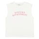 Sleeveless t-shirt w/ round neck . Off-white w/ "sisters department" print