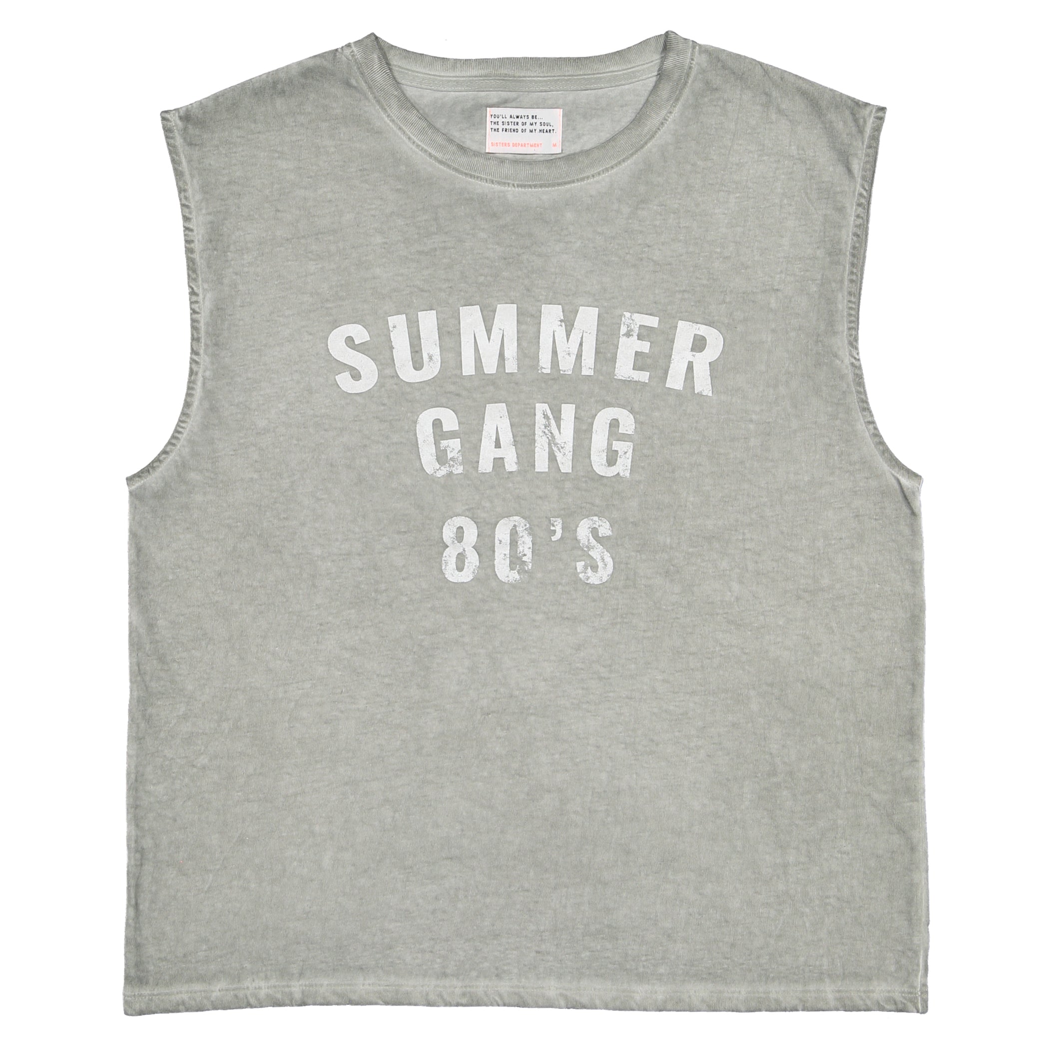 Sleeveless t-shirt w/ round neck . Washed grey w/ 
