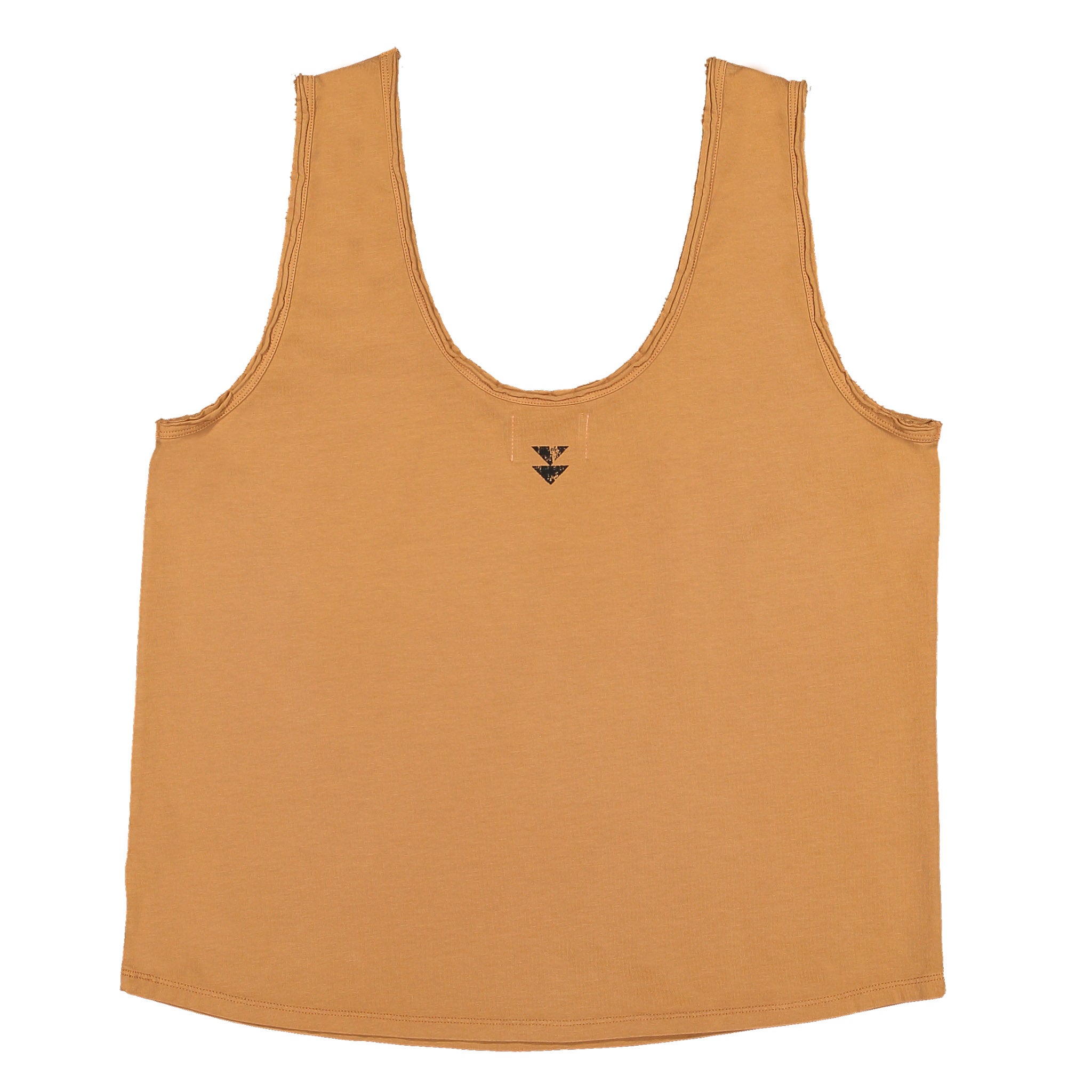 Sleeveless top w/ v-neck . Brown w/ "sisters department" print