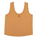 Sleeveless top w/ v-neck . Brown w/ "sisters department" print