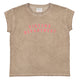 T-shirt shorter sleeves . Washed taupe w/ "sisters department" print