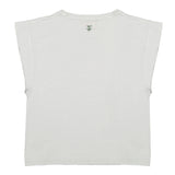 Wide sleeves t-shirt w/ round neck . Light grey w/ "rock" print