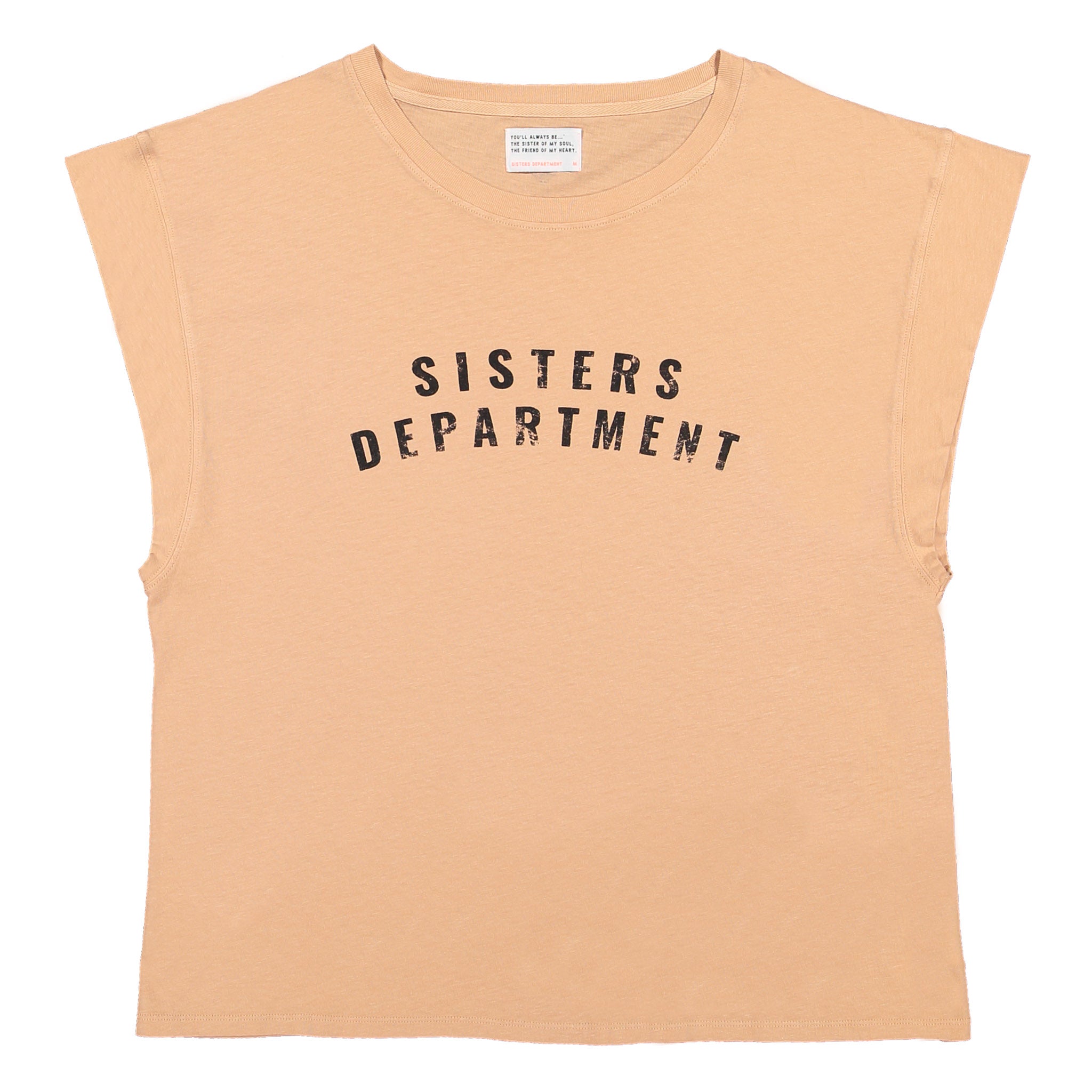 Wide sleeves t-shirt w/ round neck . Old pink w/ "sisters department" print