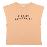 Wide sleeves t-shirt w/ round neck . Old pink w/ "sisters department" print