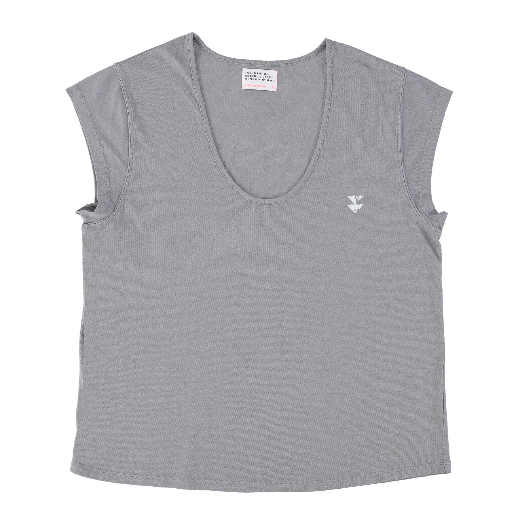 Sleeveless t-shirt w/ deep round neck | grey w/ "cherry club" print