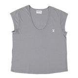 Sleeveless t-shirt w/ deep round neck | grey w/ "cherry club" print