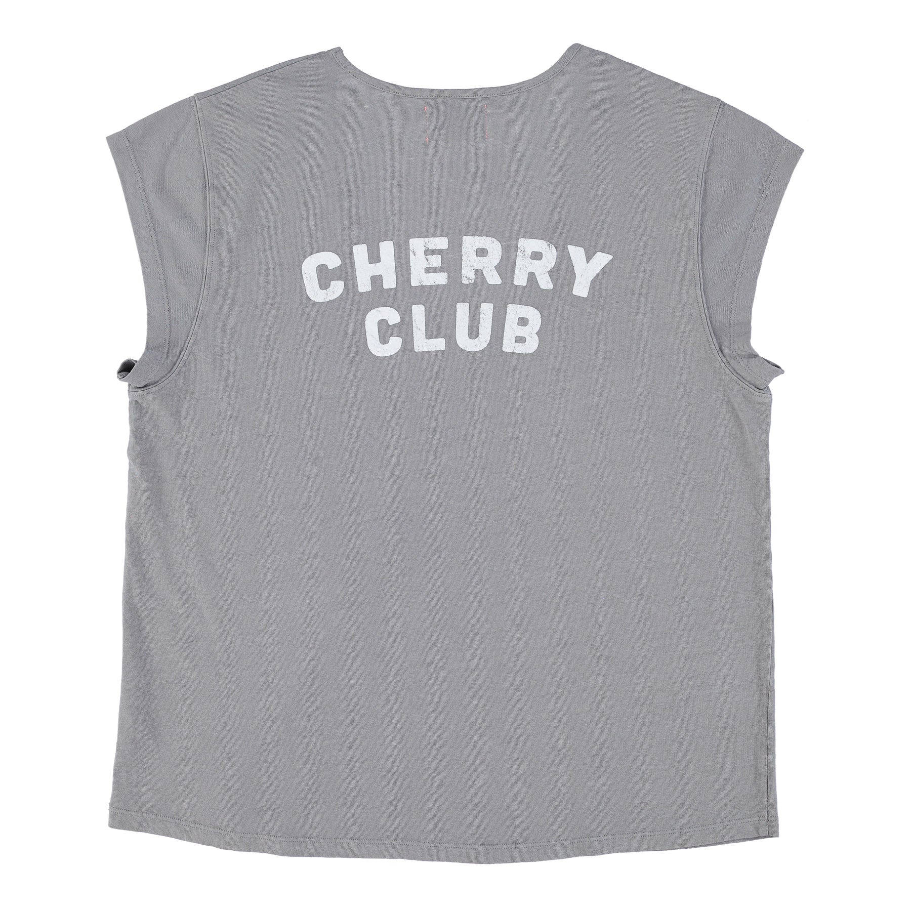 Sleeveless t-shirt w/ deep round neck | grey w/ "cherry club" print