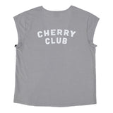 Sleeveless t-shirt w/ deep round neck | grey w/ "cherry club" print